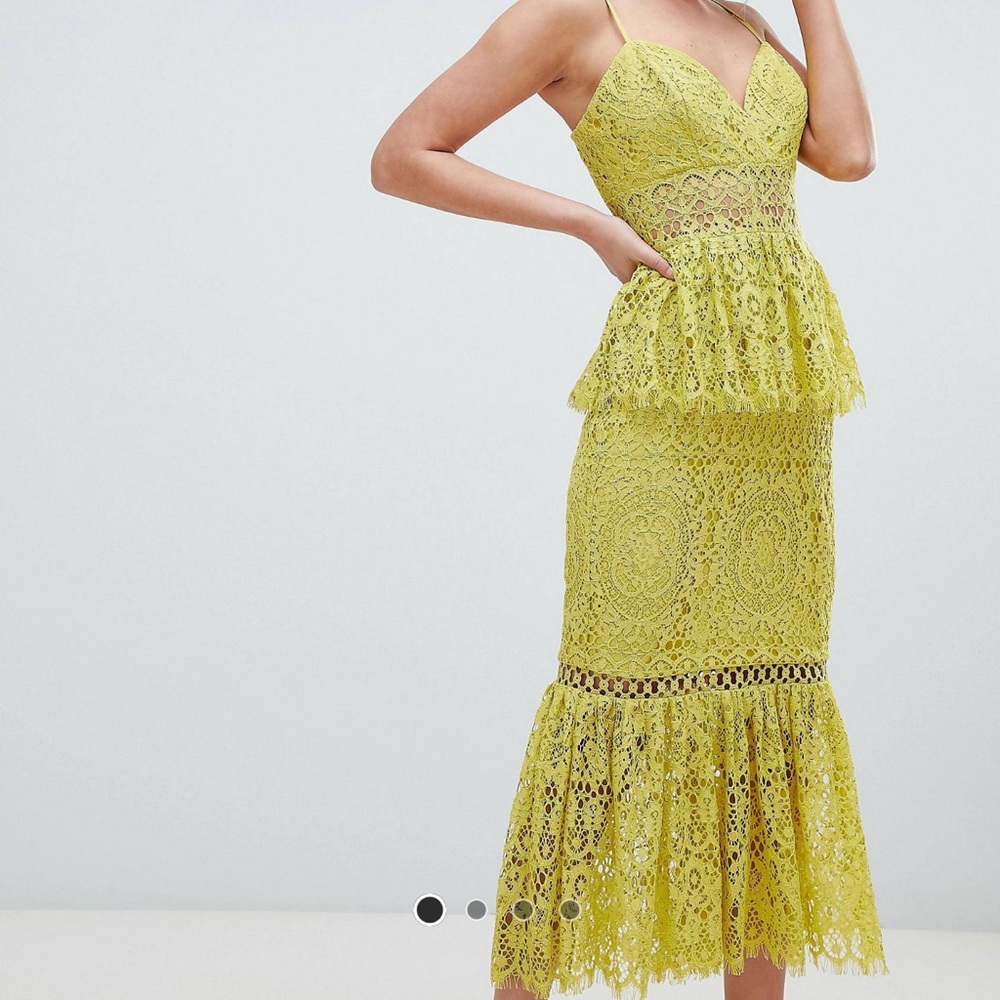 ASOS design peplum hem lace pencil dress yellow/ mustard